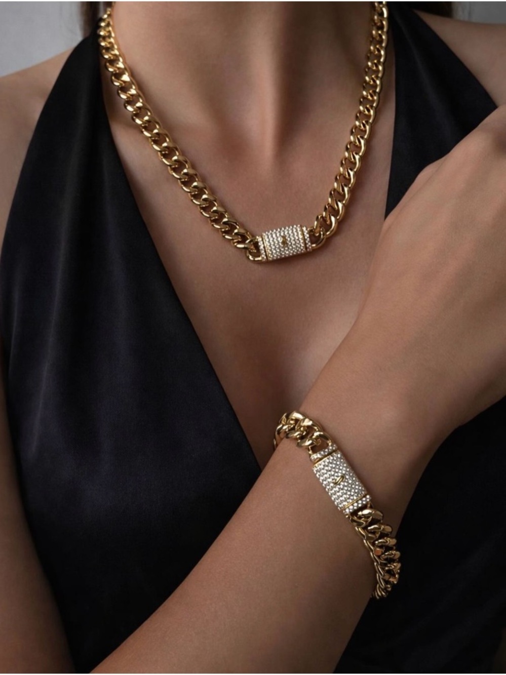 14K Gold Plated Cuban Link Necklace & Bracelet Set with CZ Pavé Box Toggle Clasp - Picture 7 of 11